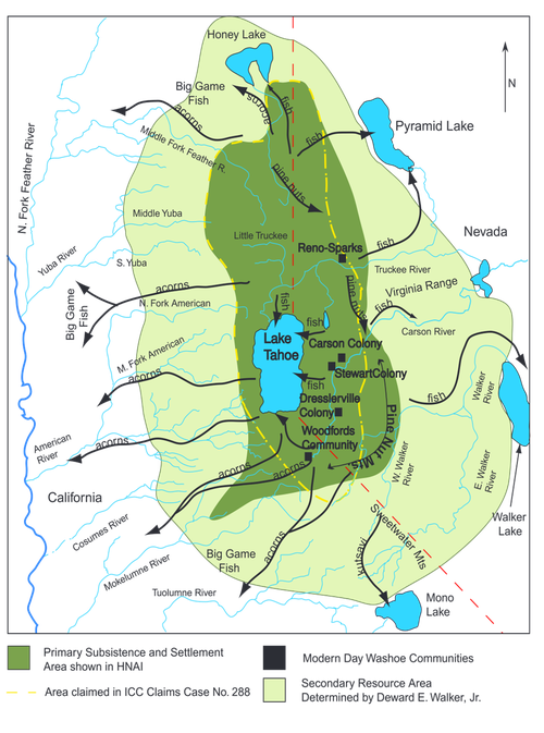Map of traditional Washo homelands surrounding dáɁaw, Lake Tahoe