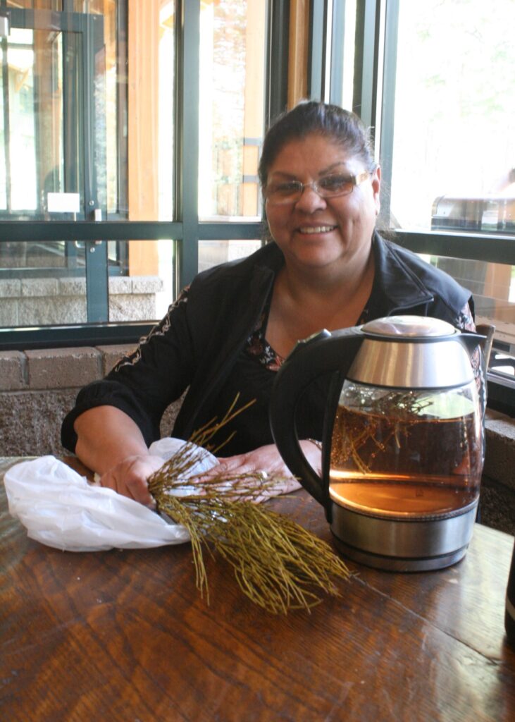 Laurie Thom prepares a pot of Indian tea brewed from Ephedra. Thom’s grandmother taught her that this tea helps to purify or clean the blood.