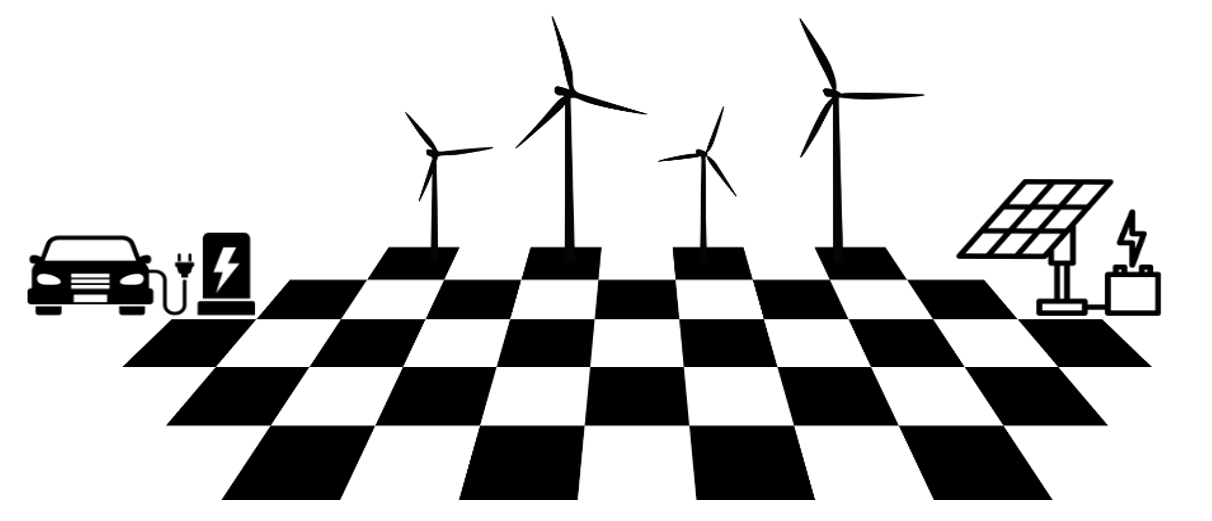 chessboard graphic with vehicle charging station, windmills, and solar panels