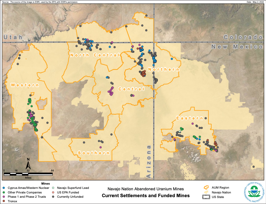 Map of Abandoned uranium mine settlemeints on or near the Navajo Nation